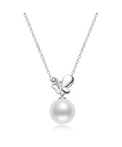 Natural Freshwater Pearl Pendant 8-8.5mm Simple 925 Sterling Silver Butterfly Necklace