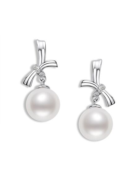Freshwater Cultured White Pearl Sterling Silver Bow Earrings