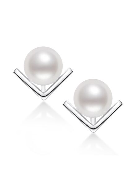 V Shaped Freshwater Cultured White Pearl Sterling Silver Earrings