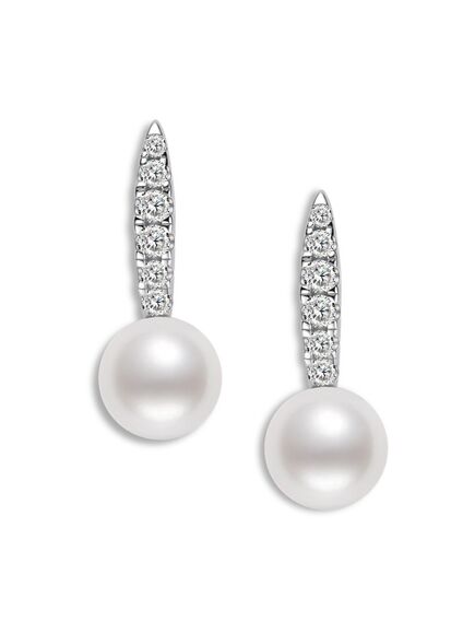 Freshwater Cultured White Pearl Sterling Silver with Cubic Zirconia Simulated Diamonds Earrings